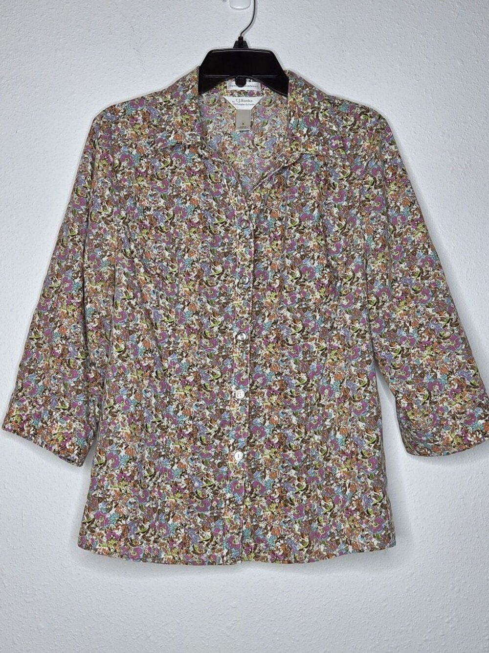 C.J. Banks Hand-Embroidered Floral Button-Front Shirt 3/4 Sleeve Size X